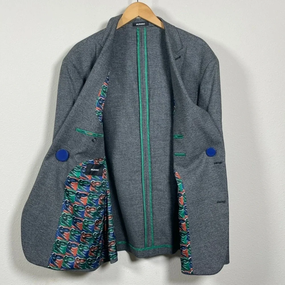 Murano Blazer Mens 2XB Grey Houndstooth Excellent Dinosaur Lining Sport Coat